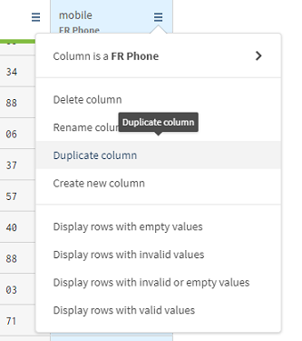 mobileカラムメニューが開き、[Duplicate column] (カラムを複製)オプションが選択されている状態。