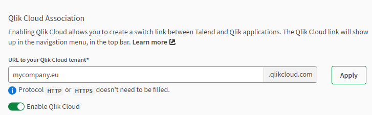 [Qlik Cloud]タブでは、Qlik Cloudテナントフィールドへの入力が完了し、[Enable Qlik Cloud] (Qlik Cloudを有効化)トグルが有効になっています。