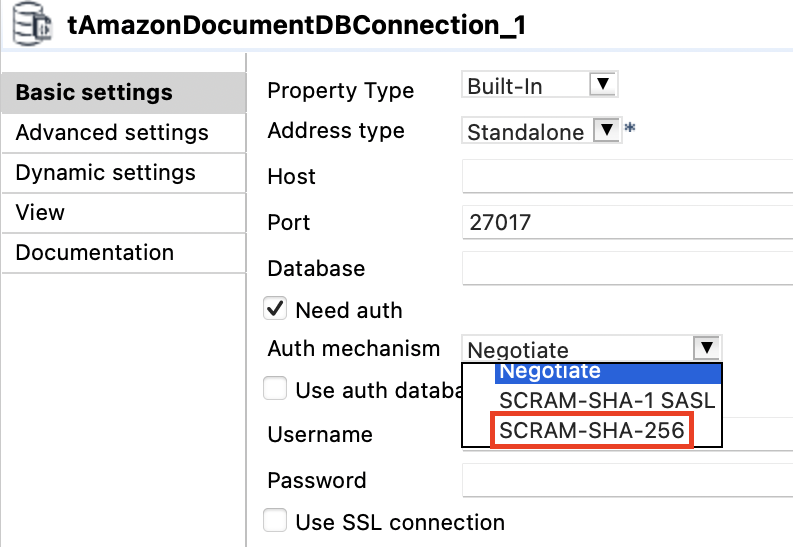 tAmazonDocumentDBConnectionの基本設定ビューが開き、SCRAM-SHA-256認証が強調表示されている状態。