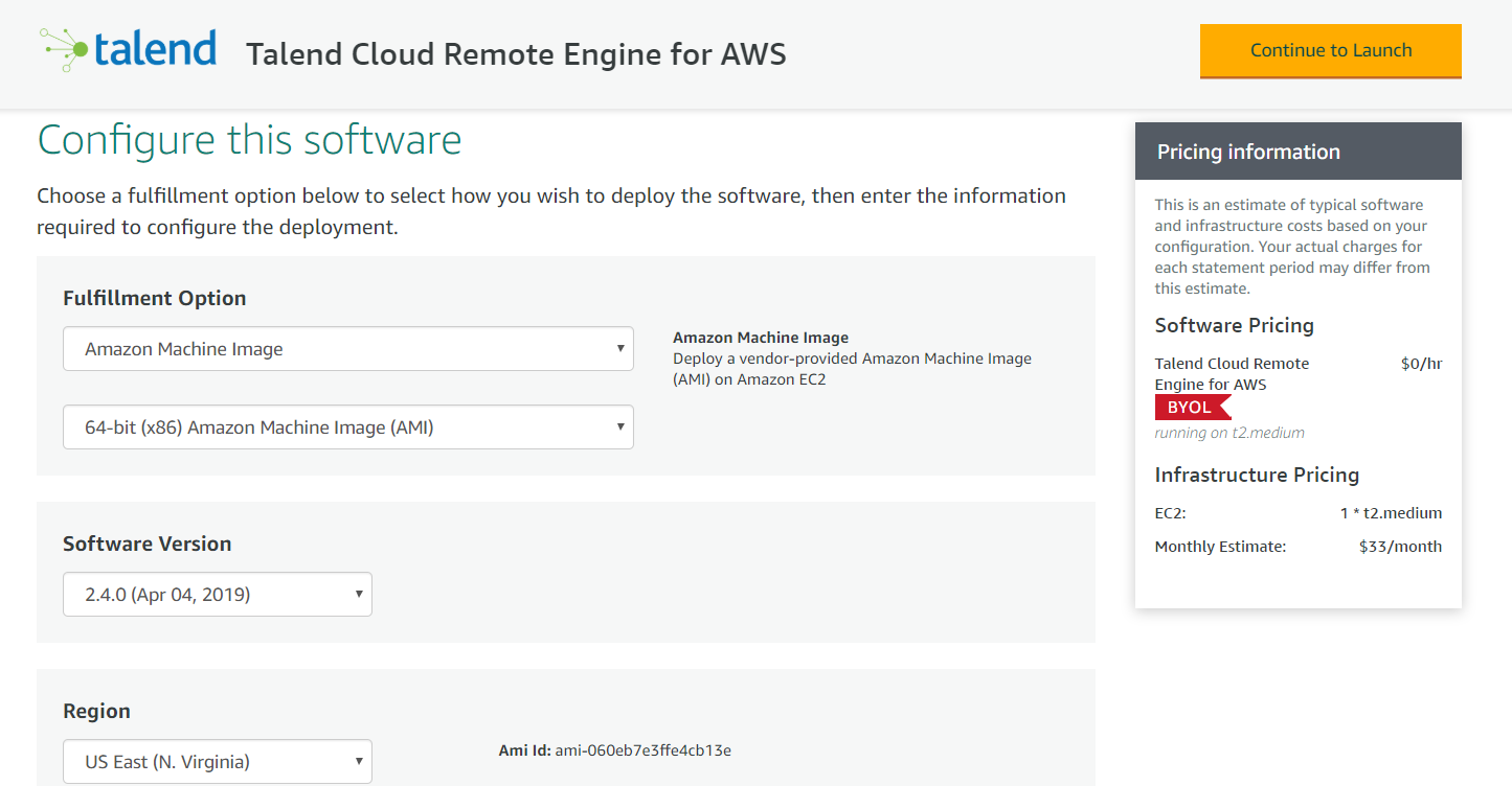 Talend Cloud Remote Engine for AWSの設定に関するスクリーンショット。