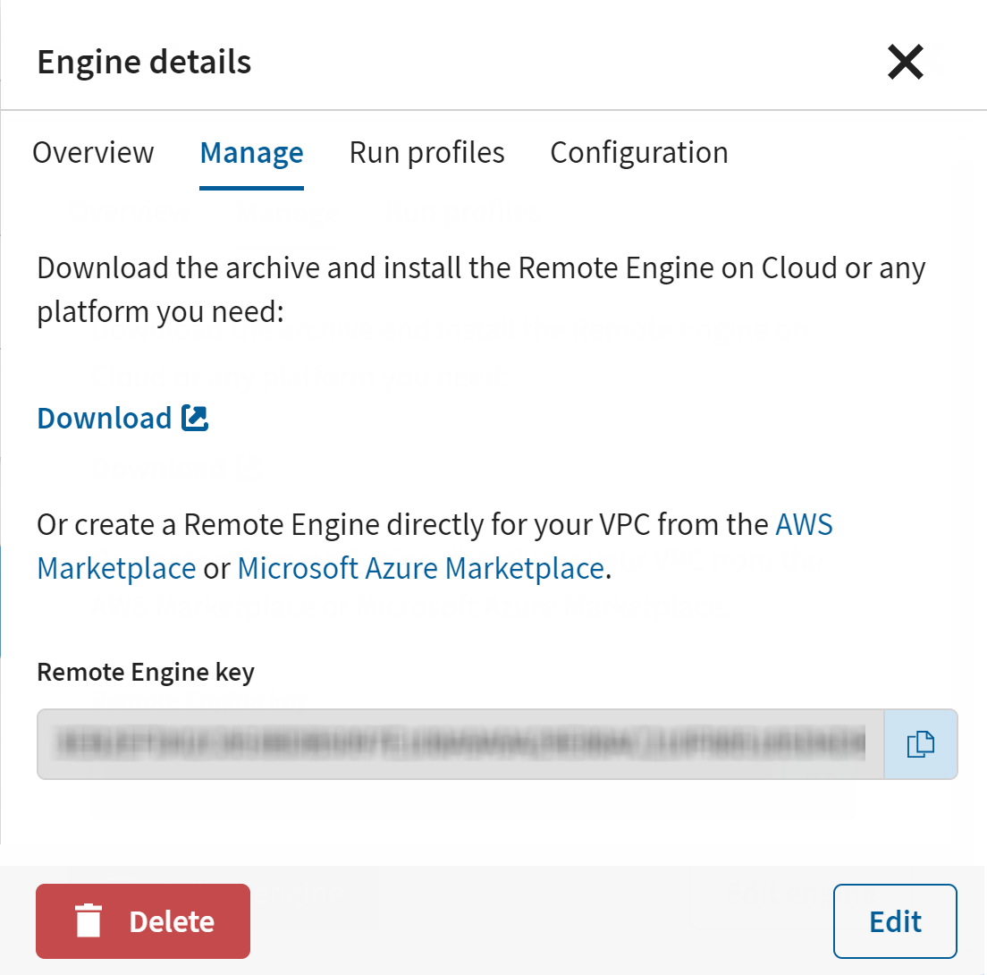 [Engine details] (エンジンの詳細)ウィンドウに表示されるRemote Engineキーのスクリーンショット。
