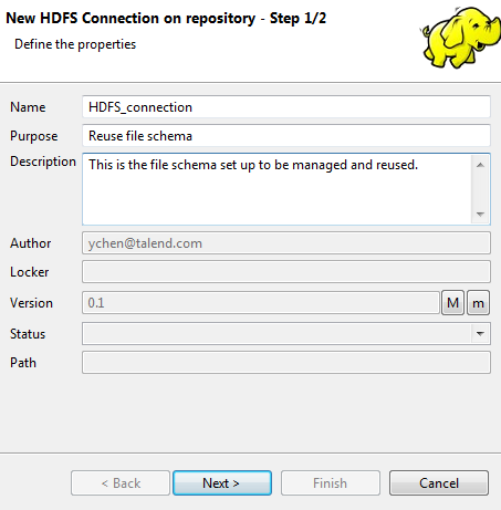 [New HDFS Connection on repository - Step 1/2] (リポジトリーでの新しいHDFS接続 - ステップ1/2)ダイアログボックスに一般的なプロパティが表示されている状態。