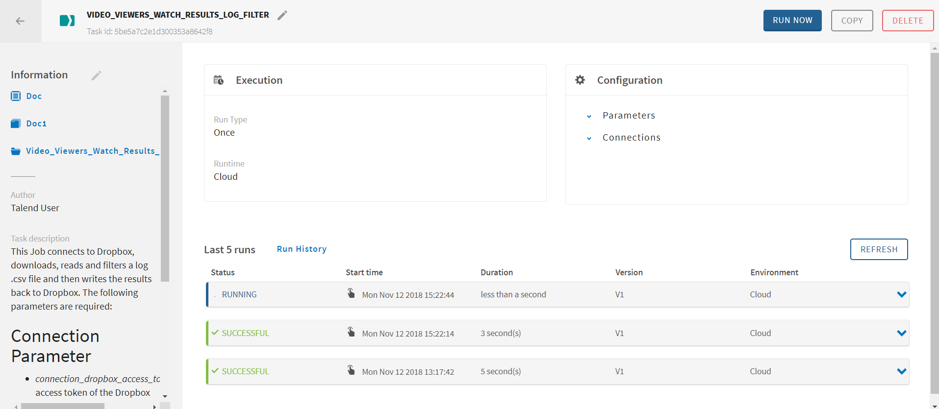 Talend Management Consoleの[Task Details] (タスクの詳細)ページ。