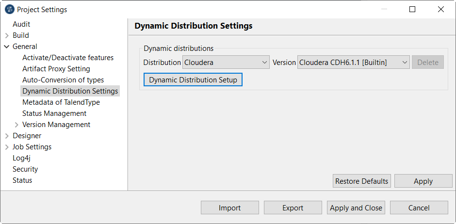 Talend Studio[プロジェクト設定]ダイアログボックスが開かれ、[ダイナミックディストリビューションの設定]ビューが選択されている状態。