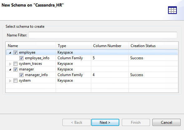 [New Schema on "Cassandra_HR"] ("Cassandra_HR"での新しいスキーマ)ダイアログボックスに、作成されるスキーマが表示されている状態。