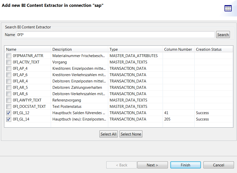 [Add new BI Content Extractor in connection] (接続に新しいSAP BIコンテンツエキストラクターを追加)ダイアログボックス。