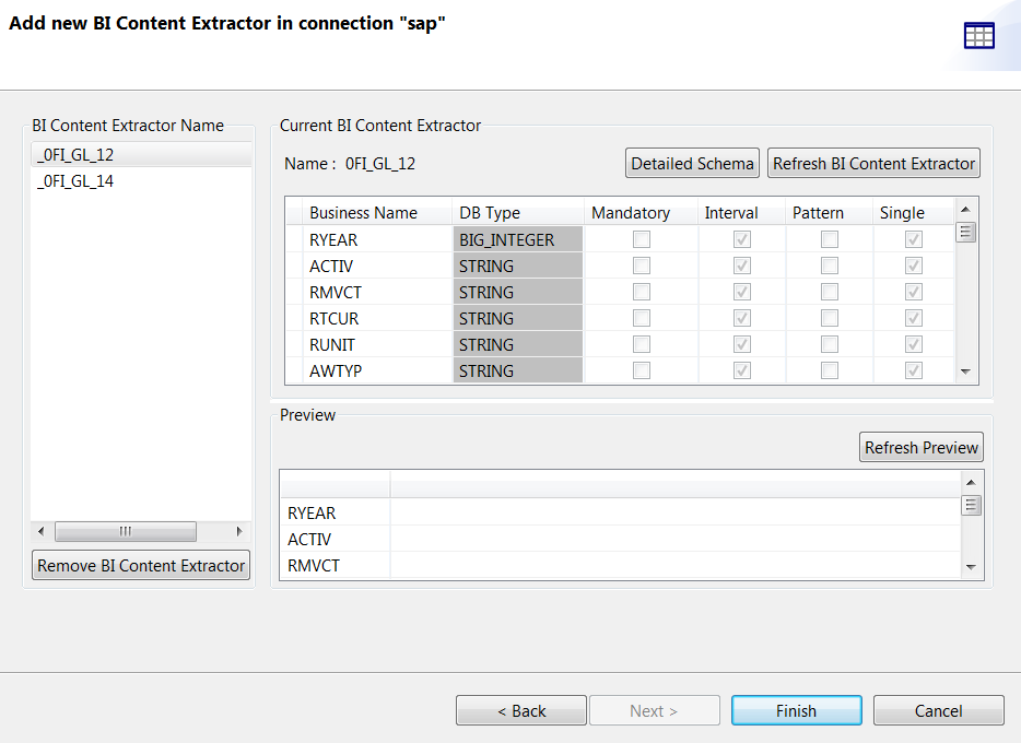 [Add new BI Content Extractor in connection] (接続に新しいSAP BIコンテンツエキストラクターを追加)ダイアログボックス。