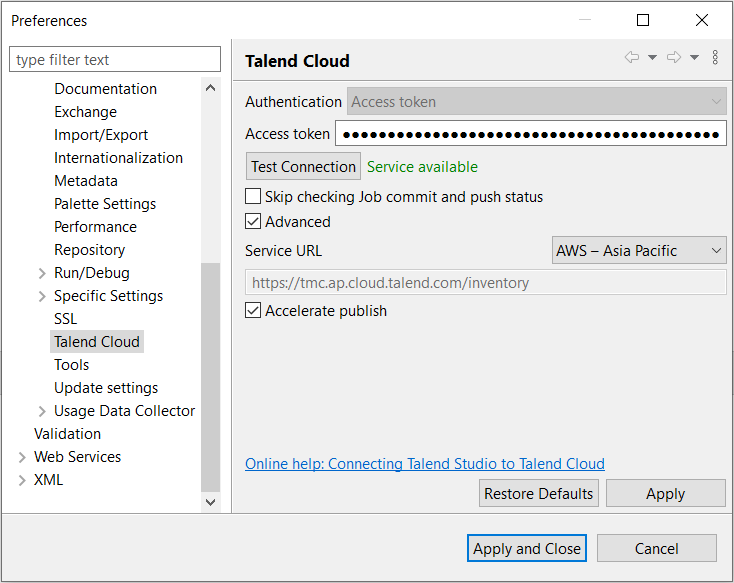 [Preferences] (環境設定)ダイアログボックスでTalend Cloudタブが開かれている状態。