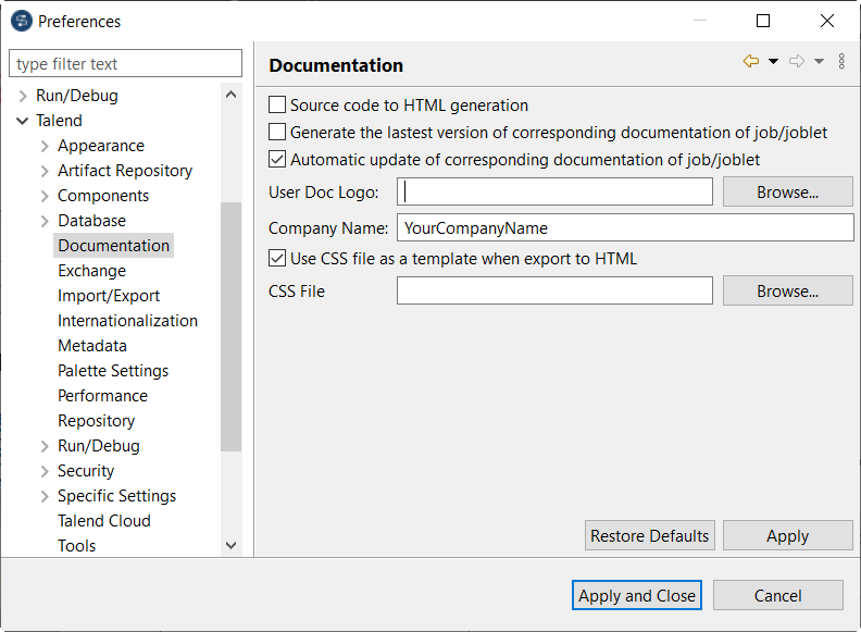 [Preferences] (環境設定)ウィザードでの[Documentation] (ドキュメンテーション)ビュー。