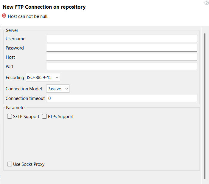 [New FTP Connection on repository] (リポジトリーでの新しいFTP接続)ダイアログボックス。