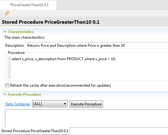 ワークスペースで開かれている"PriceGreaterThan10 0.1"ストアドプロシージャー。