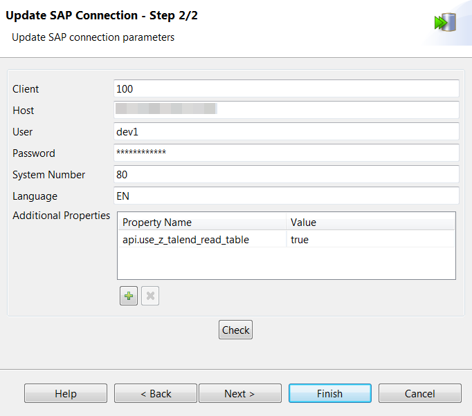 [Update SAP Connection - Step 2/2] (SAP接続をアップデート - 2/2)ダイアログボックス。