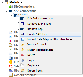 [SAP Connections] (SAP接続)からの[Create SAP IDoc] (SAP IDocを作成)オプションを右クリック。