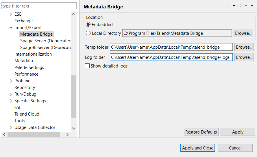 [環境設定]ダイアログボックスでのMetadata Bridgeビュー。