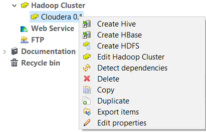 Hadoop接続が[Repository] (リポジトリー)ツリービューに表示されている状態。