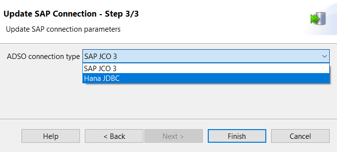 [Update SAP Connection - Step 3/3] (SAP接続をアップデート - 3/3)ダイアログボックス。