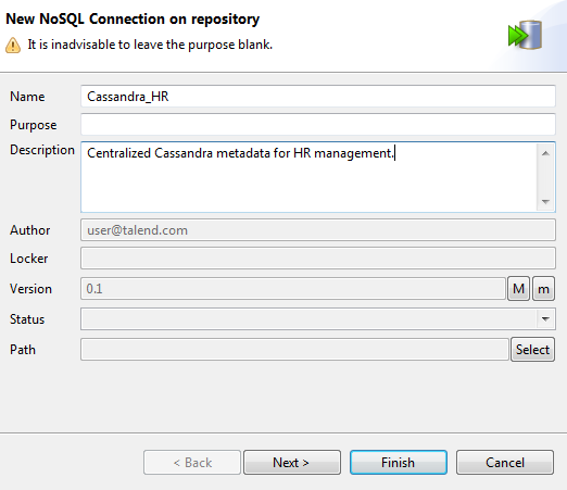 [New NoSQL Connection on repository] (リポジトリーでの新しいNoSQL接続)ダイアログボックスに一般的なプロパティが表示されている状態。
