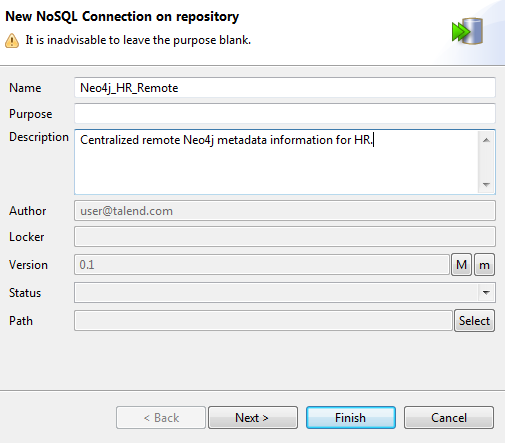 [New NoSQL Connection on repository] (リポジトリーでの新しいNoSQL接続)ダイアログボックスに一般的なプロパティが表示されている状態。