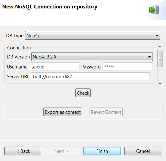[New NoSQL Connection on repository] (リポジトリーでの新しいNoSQL接続)ダイアログボックスにNeo4jの接続の詳細が表示されている状態。