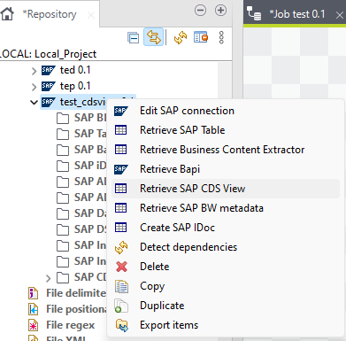 [SAP Connection] (SAP接続)メタデータから[Retrieve SAP CDS View] (SAP CDSビューを取得)オプションを右クリック。
