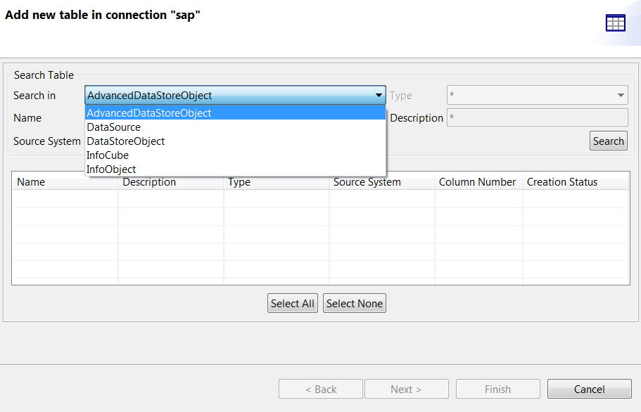 "sap"用の[Add new table in connection] (新しいテーブルを追加)ダイアログボックス。