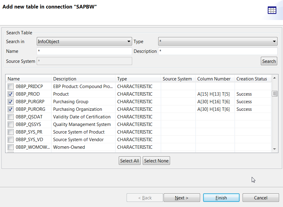 "SAPBW"用の[Add new table in connection] (新しいテーブルを追加)ダイアログボックス。