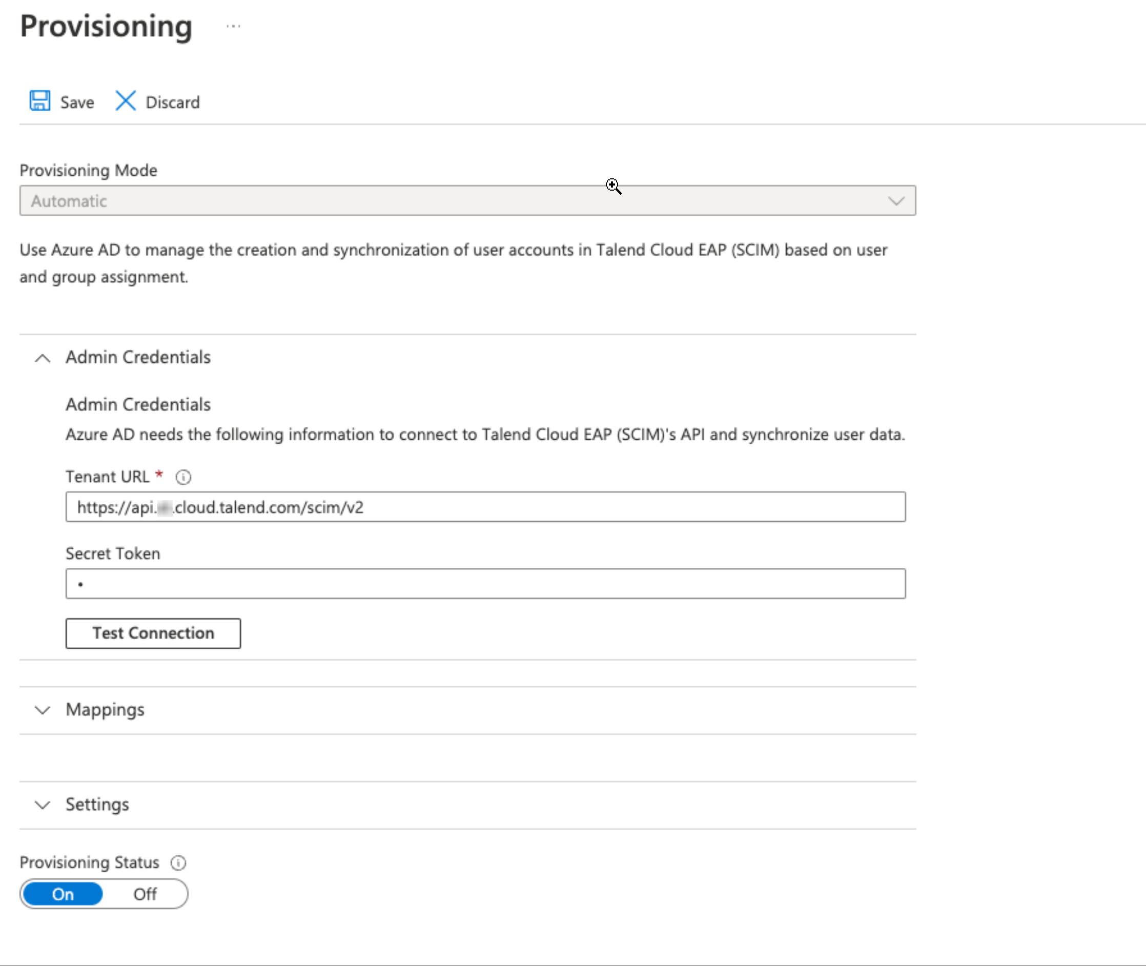 [Provisioning] (プロビジョニング)設定では、[Provisioning Mode] (プロビジョニングモード)が[Automatic] (自動)に設定され、[Admin Credentials] (管理者の認証情報)リストにテナントURLとシークレットトークンの設定が表示されます。